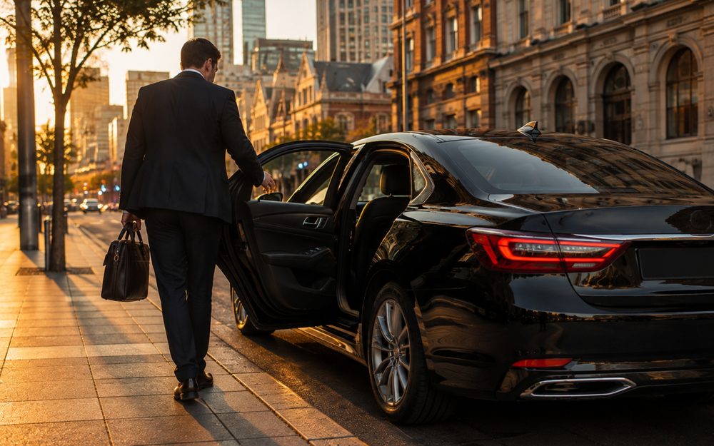 Business traveller getting into a taxi in the Melbourne CBD