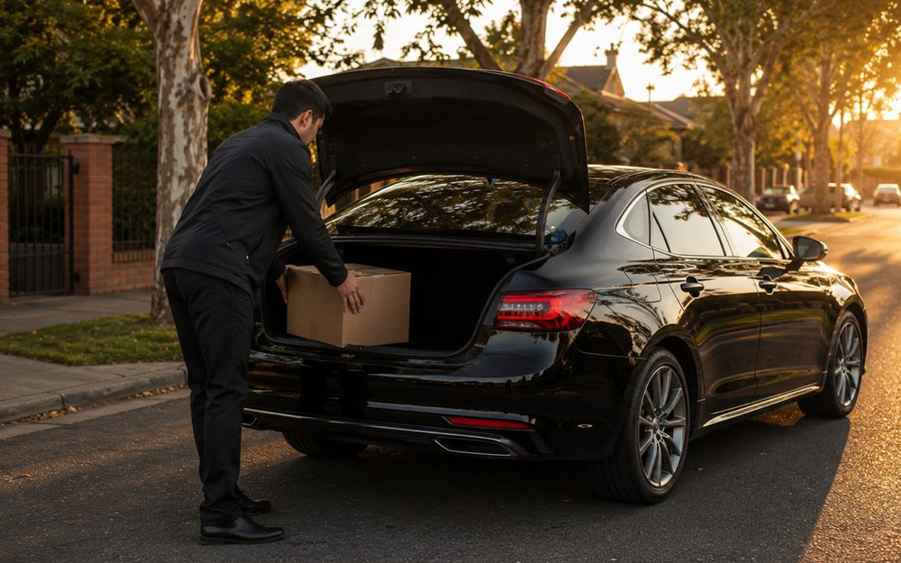 Driver loading a parcel into the taxi boot